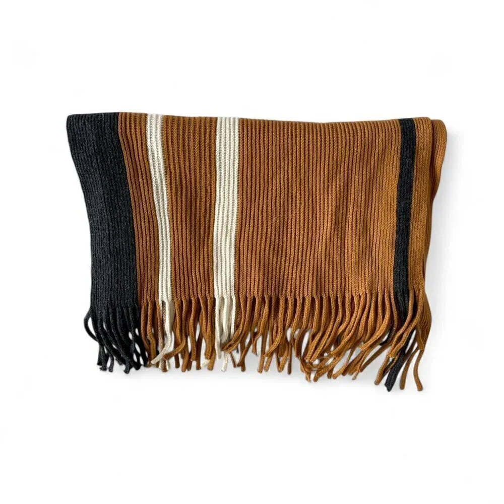Striped Knit Fringe Scarf  | Mustard, Black & Cream